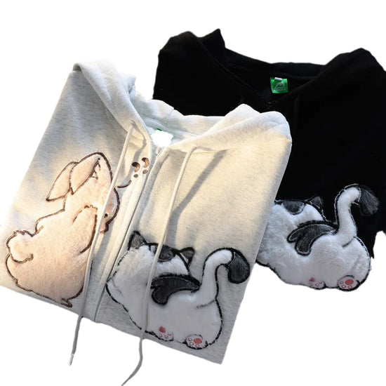 Thick Cartoon Cat Couple Hoodie for Women (Autumn/Winter)