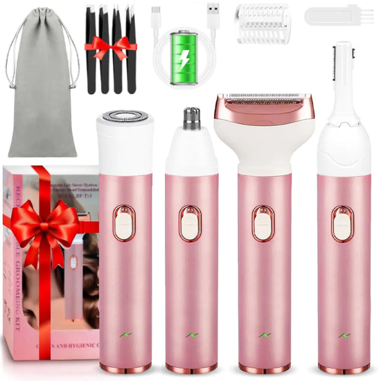 WINLEECARE Electric Lady Shaver 4-in-1 Shaving Kit for Women Bikini Trimmer Facial Hair Remover Eyebrow Trimmer Nose Hair Trimmer Rechargeable Wet & Dry Use Easy Cleansing (Rosegold)