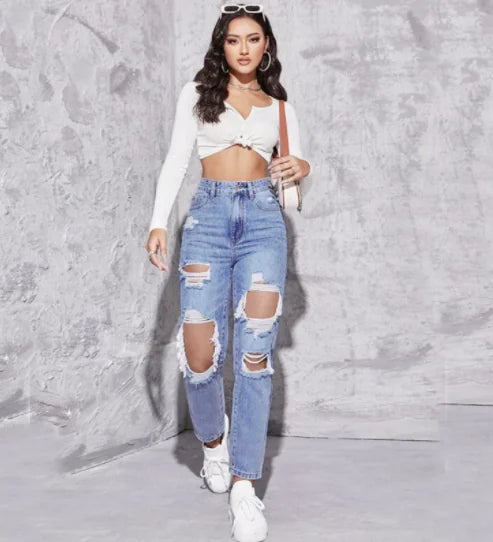 Wide Leg Distressed High Waist Women&