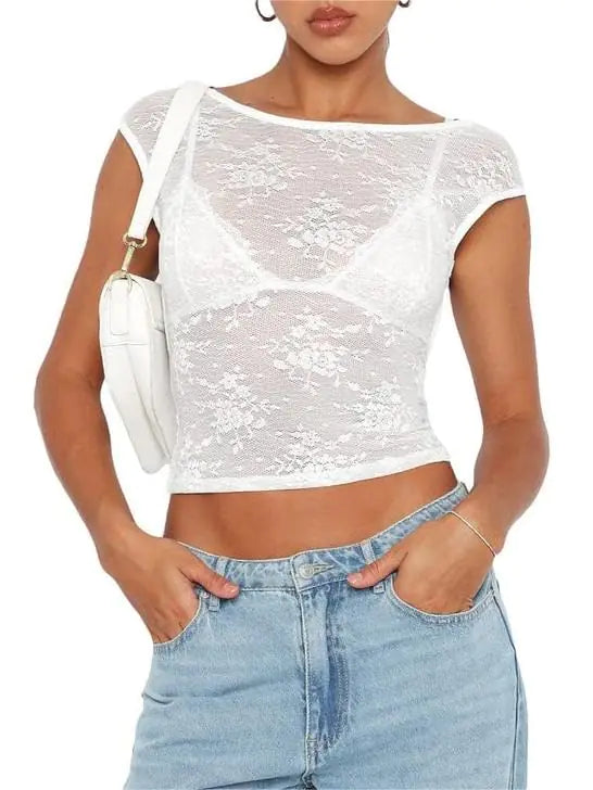 Women Short Sleeve Crop Top Y2k Floral Lace Backless Top Sheer Mesh See Through Top Going Out Streetwear(A-Whitem)