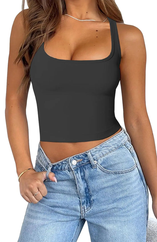 Women Black Tank Top Sexy Square Neck Sleeveless Crop Tops Fitted Workout Crop Tank Tops XL