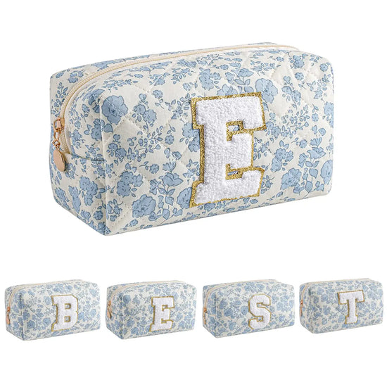 WHHJM Alphabet Makeup Bag Cosmetic Bag for Women Christmas Gifts for Girls Age 11-18 Personalized Floral Coquette Travel Bag Trendy Stuff Zipper Make Up Pouch Organizer Bag (Blue Floral E)